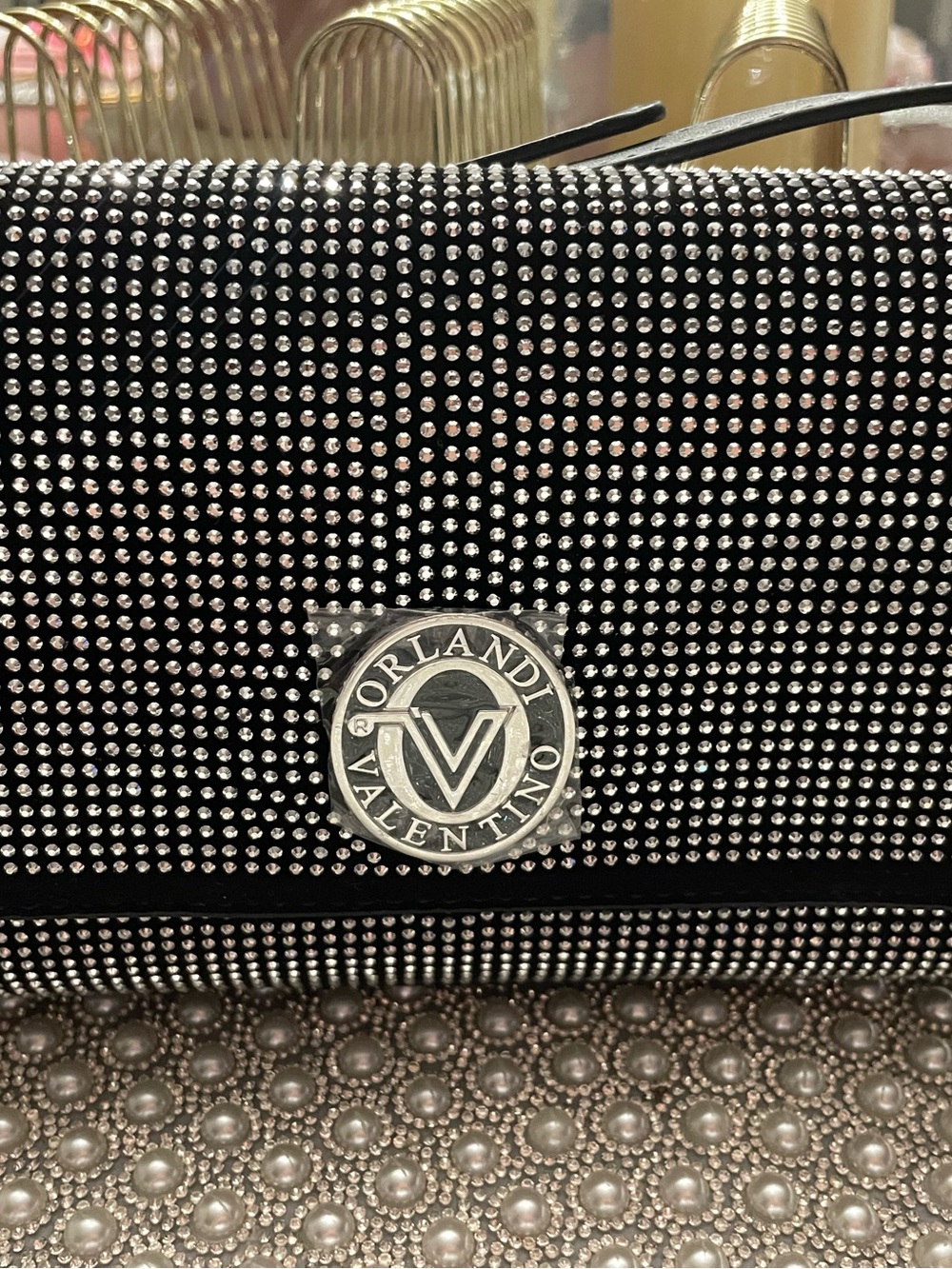 Valentino Black Crystal-Studded Logo Clutch